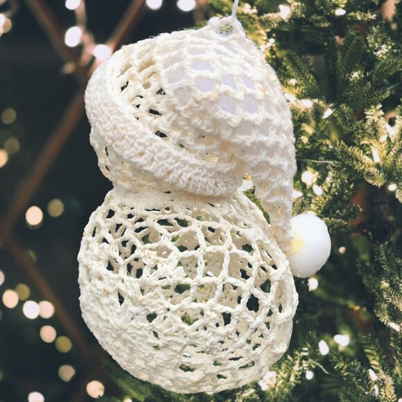 Handmade Crochet Snowman Ornament – Glitter Accents – Vintage Charm – Needs TLC - Picture 4 of 10